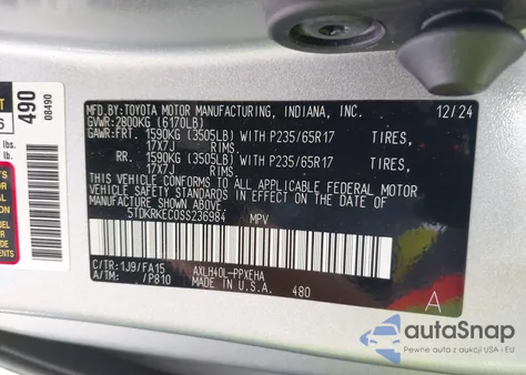 2025 Toyota Sienna Le z USA, uszkodzony, nr VIN 5TDKRKEC0SS236984